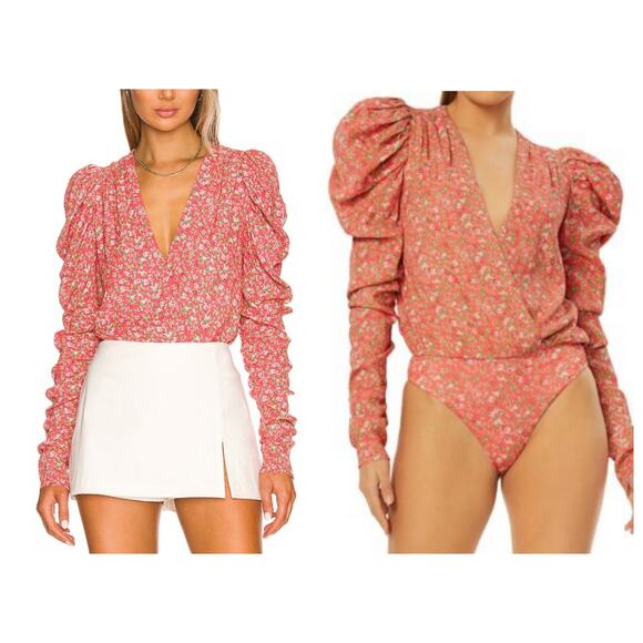 AFRM Ditsy Dana Bodysuit Puff Long Sleeves Plunging Neckline - Picture 1 of 11